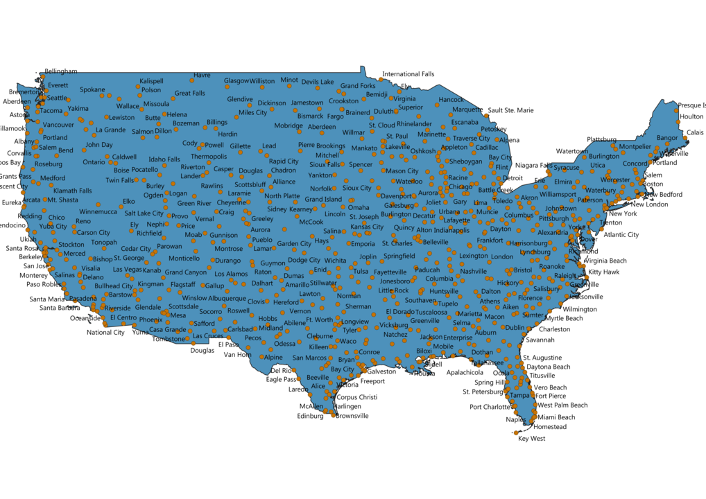 usa map with all cities